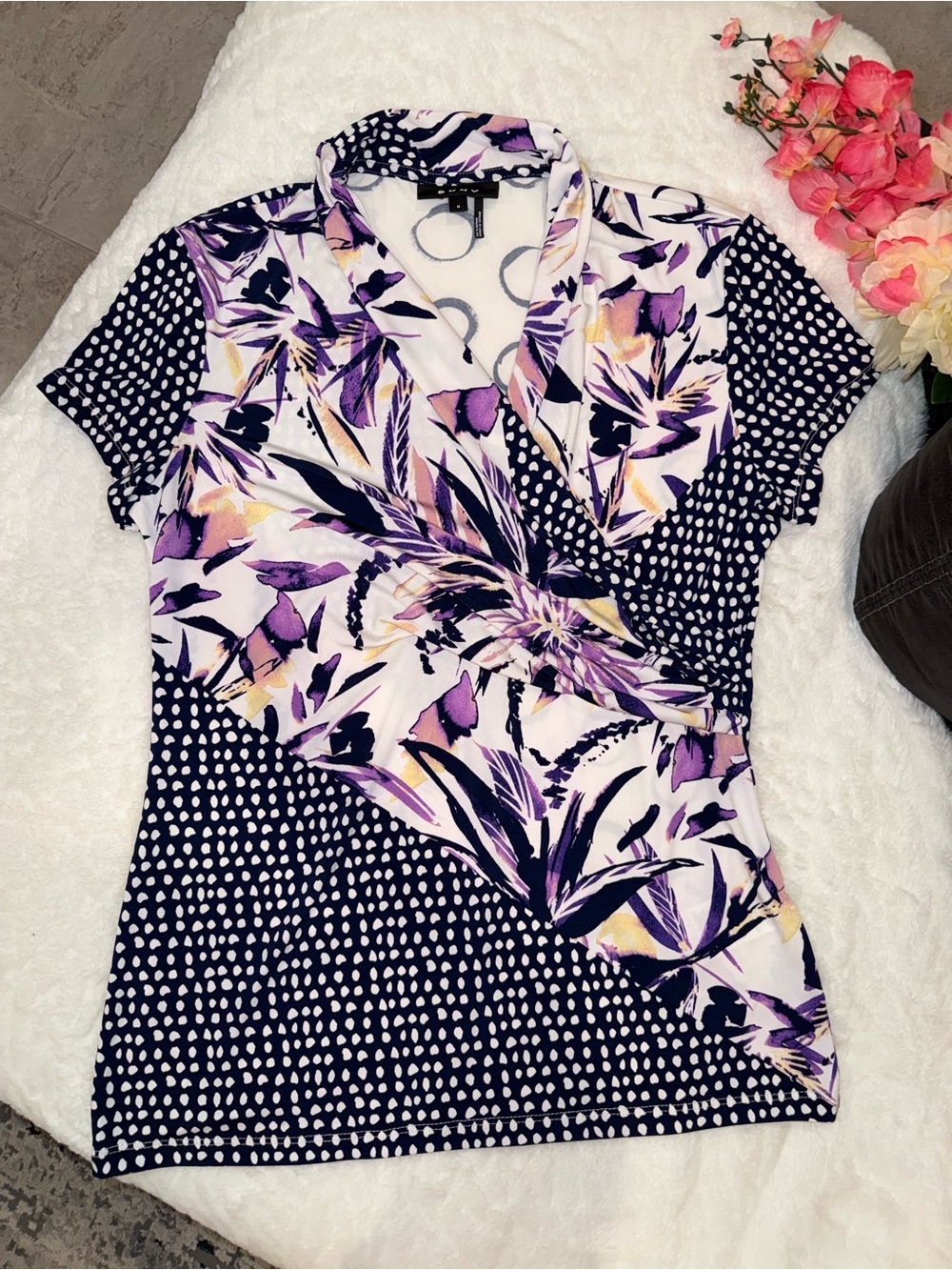 3 x 20$ DKNY Navy, Purple & Yellow Floral Mix Short Sleeve Top Size M